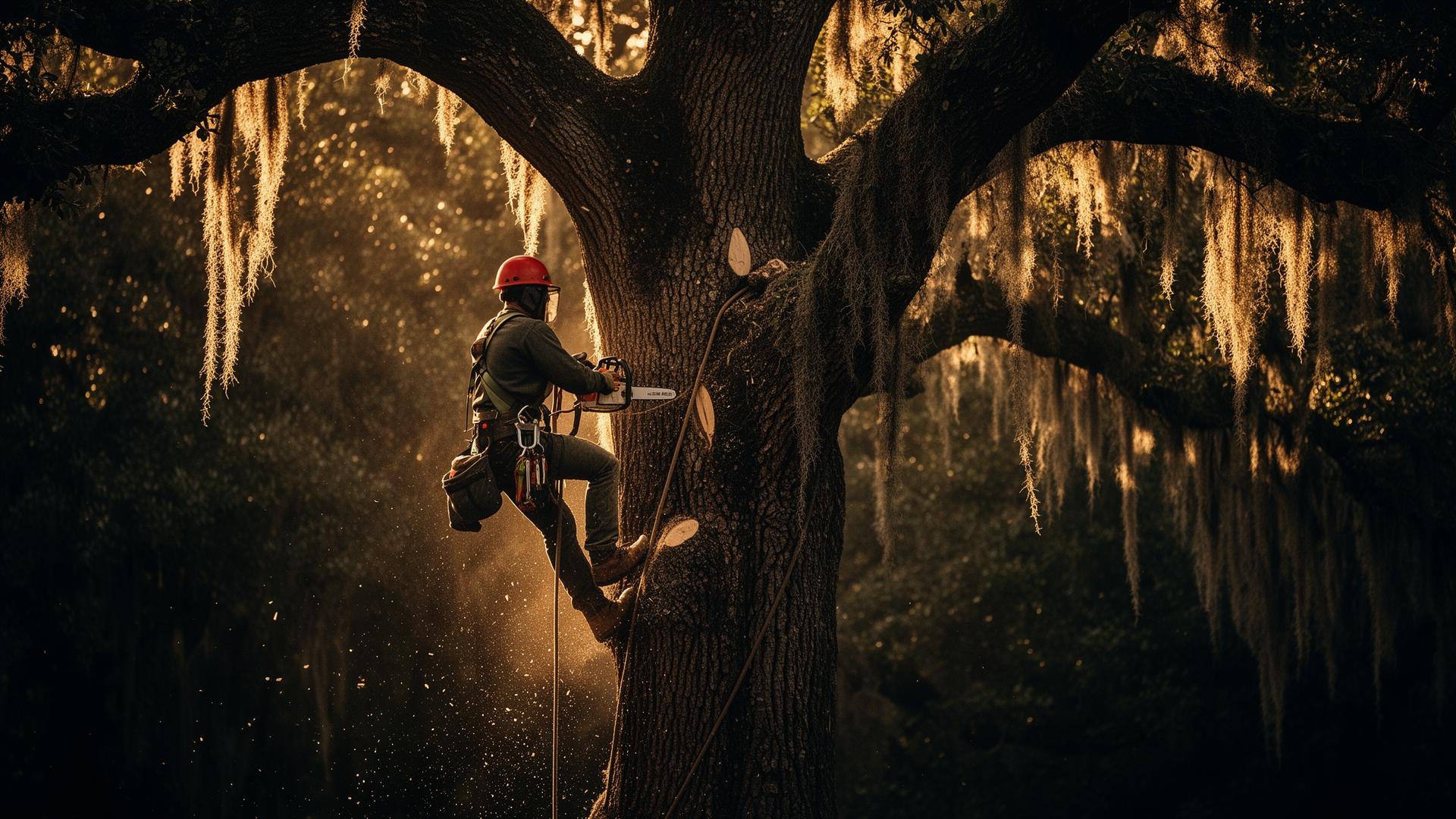 Arborist climbing oak tree